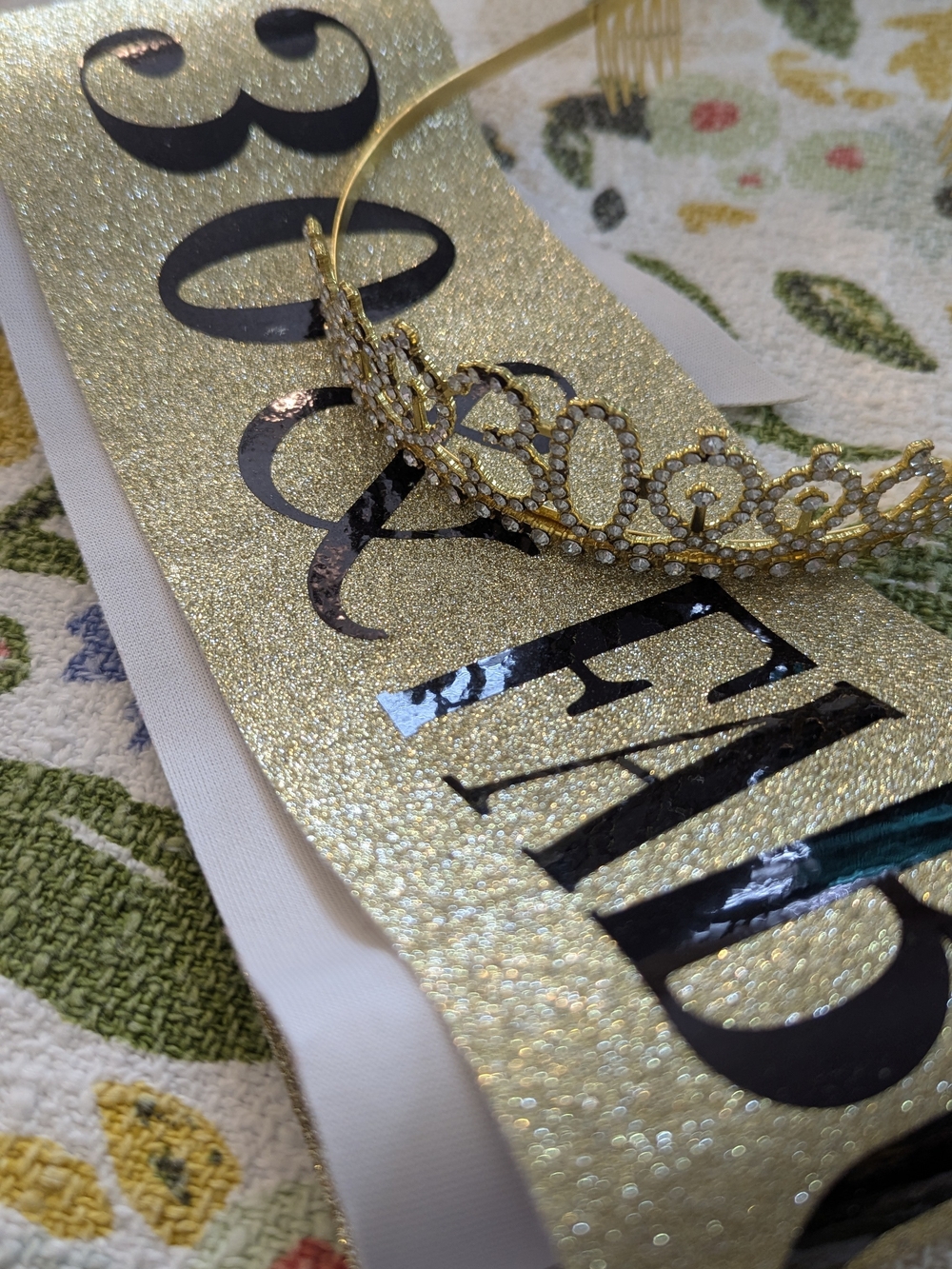30th Birthday Gold Jeweled Tiara with Gold Glitter Sash